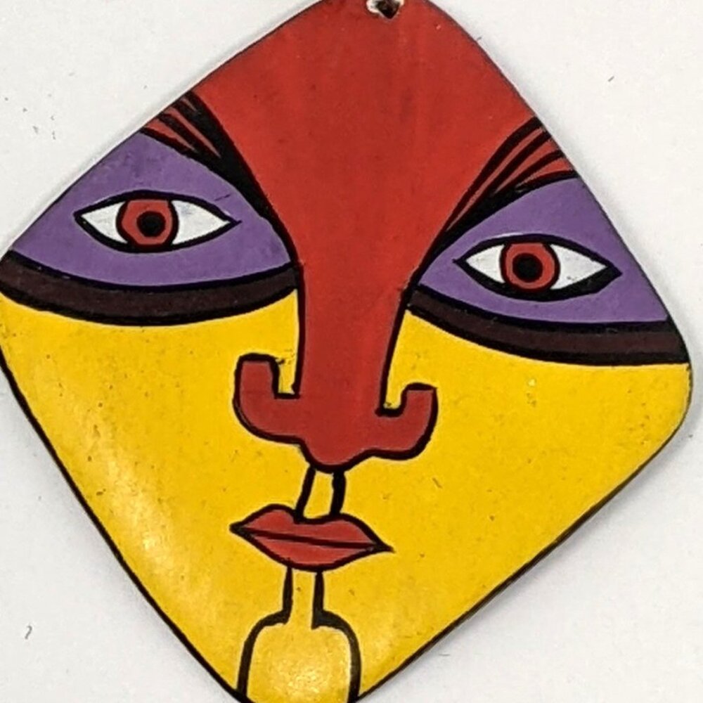 Artisan Painted Wood Dangle Earrings 80s Ethnic Tribal Mask 2" Vintage Festival - Picture 3 of 9